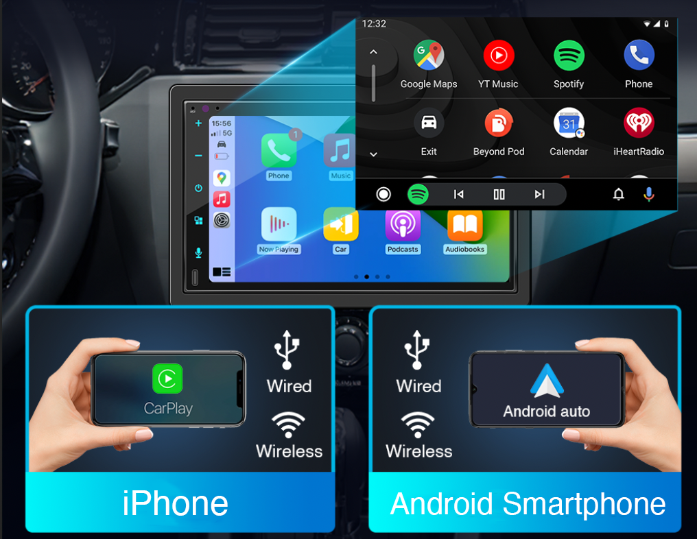 Autoradio 61PRO Android 13.0 avec interface Android et Apple CarPlay sans fil - Vue détaillée des fonctionnalités